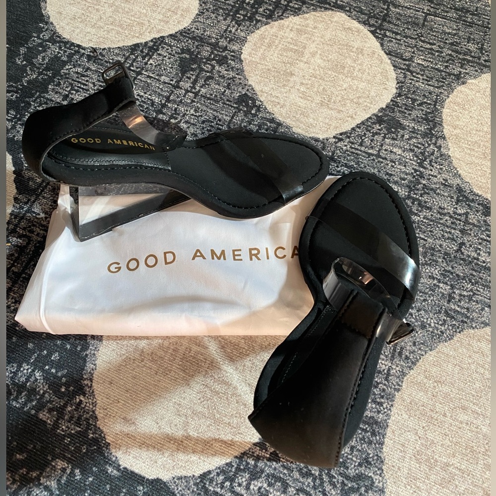 Good American Black Clear Heeled Sandals